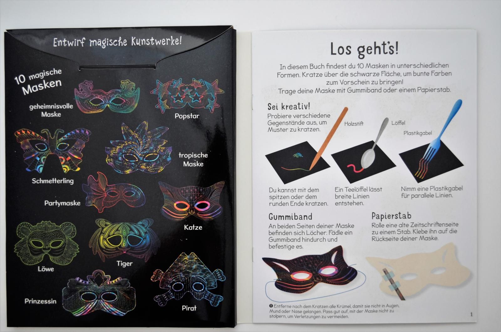 Kreative Kratzkunst XXL: Masken: Set mit 10 Kratz-Masken, Anleitungsbuch und Holzstift