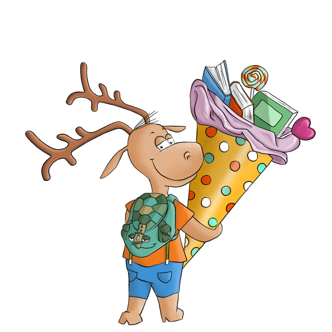 Elch hält Schultüte mit vielen Büchern, Geschenken und Kleinigkeiten zum Schulbeginn.