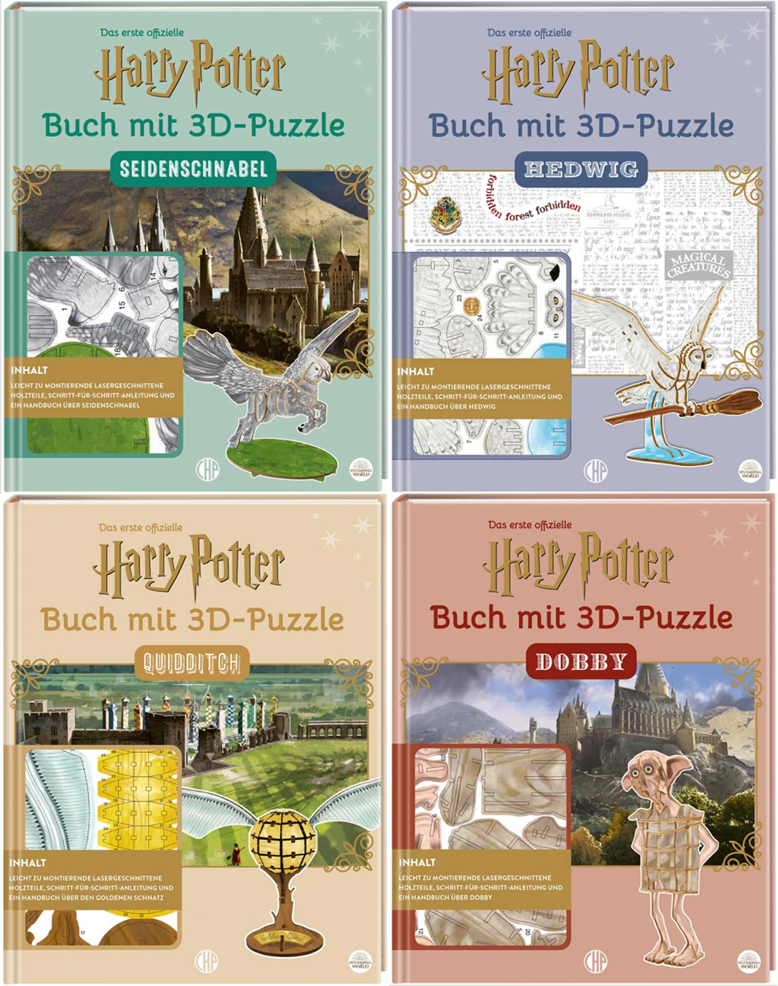 Sparpaket - 4er Set Harry Potter - offizielle Bücher mit 3D-Puzzle Fan-Art