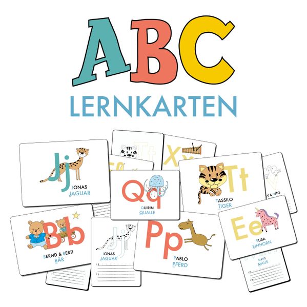 ABC-Lernkarten der Tiere, Bildkarten, Wortkarten, Flash Cards mit Groß- und Kleinbuchstaben | Lesen lernen mit Tieren für Kinder im Kindergarten und der Grundschule