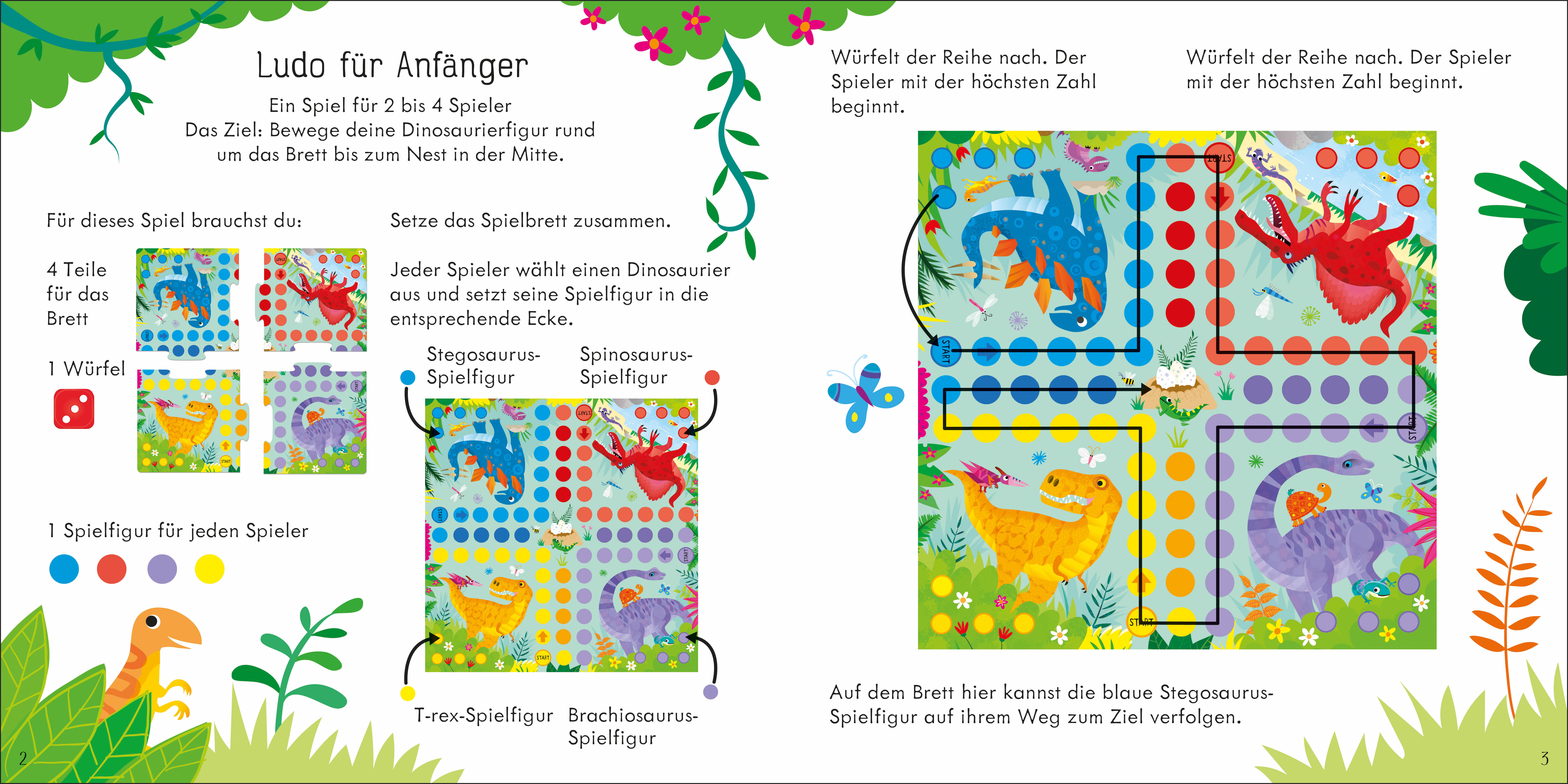 LUDO - Bring die Dinos nach Hause! Set mit Spielbrett, Spielfiguren und Würfel – ab 3 Jahren