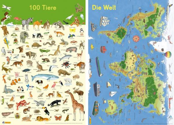 Aktion: Mein Lernposter: 2er-Set 100 Tiere / Die Welt